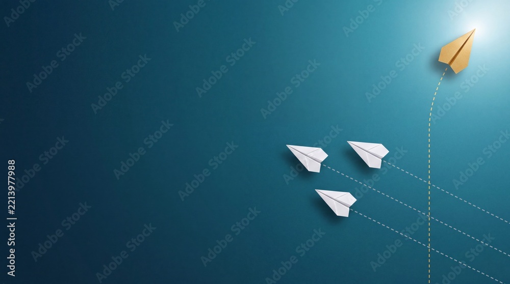 Fototapeta premium Golden paper plane changing direction and flying upwards toward the light with white paper planes following on blue background, metaphor for leadership, innovation, and unique business strategy.