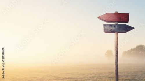 Blank wooden directional signpost with two arrows pointing in opposite directions standing in a misty field at sunrise with large negative space on the left for text or copy and design layout.