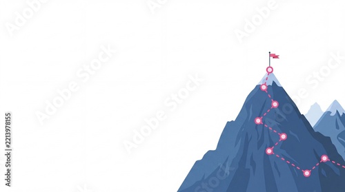 Business success concept with a mountain peak, a red flag at the summit, and a winding milestone path leading to the top, featuring ample negative space on the left for text or design.