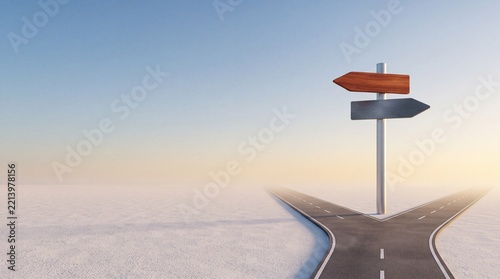 Fork in the road with a blank two-way directional signpost in a vast minimalist desert landscape, representing choices and decision making with wide negative space on the left for copy space.