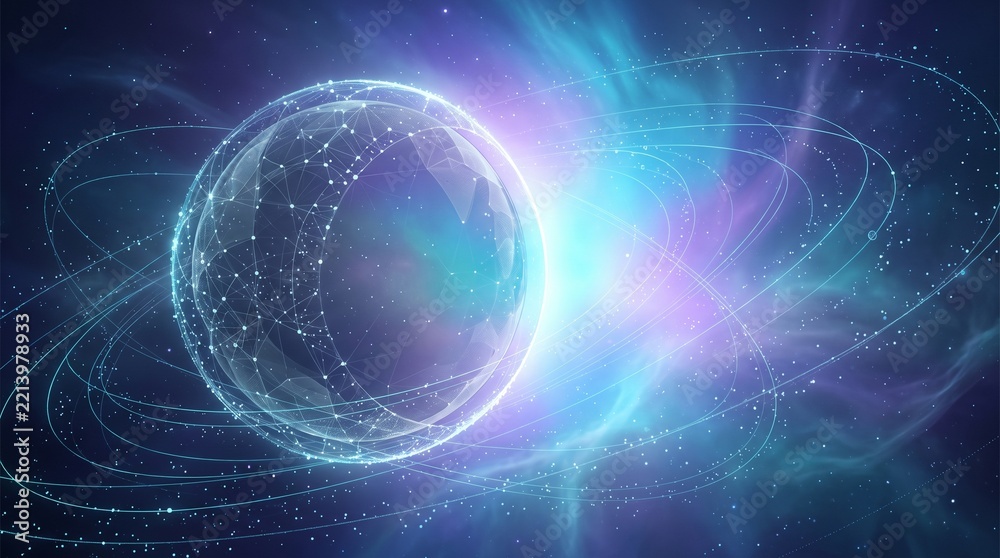 Fototapeta premium Digital Planet Sphere Surrounded by Glowing Orbital Rings and Ethereal Nebula Light Background