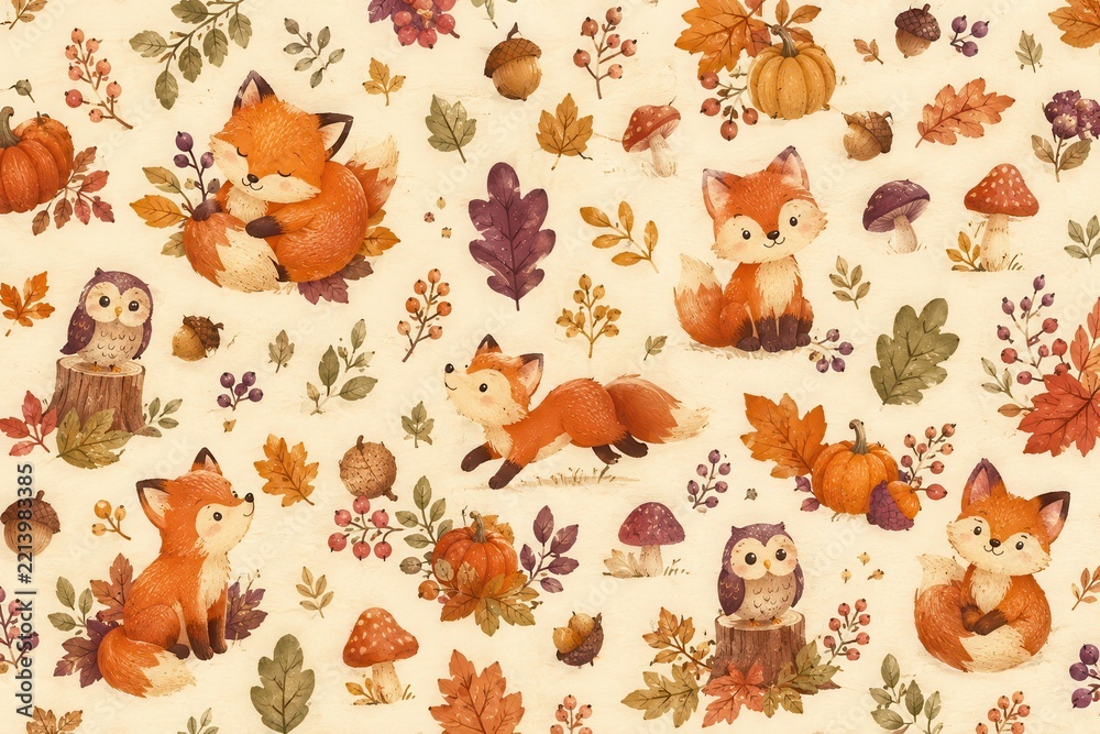 Fototapeta premium Watercolor woodland animals amid autumn leaves, pumpkins, mushrooms