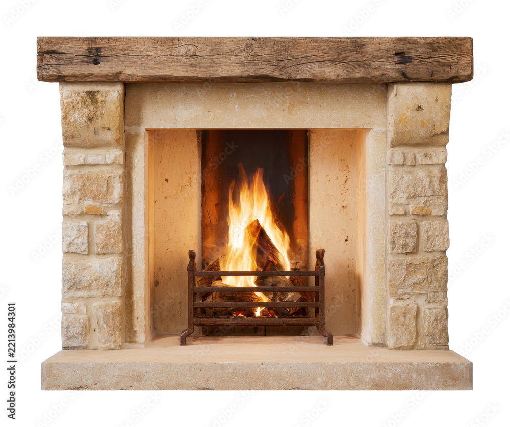 Fototapeta premium PNG Rustic stone fireplace with burning fire and wooden mantel