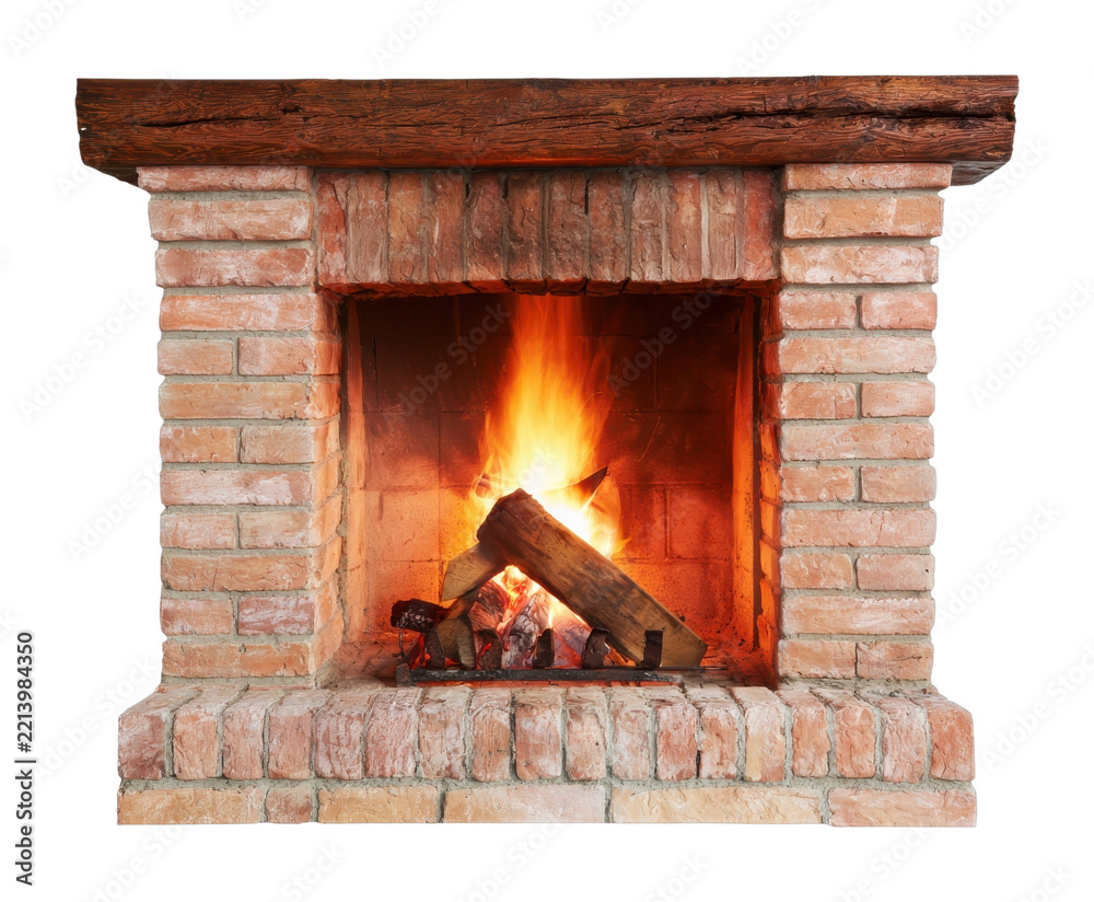 Fototapeta premium PNG Rustic brick fireplace with glowing fire and burning logs