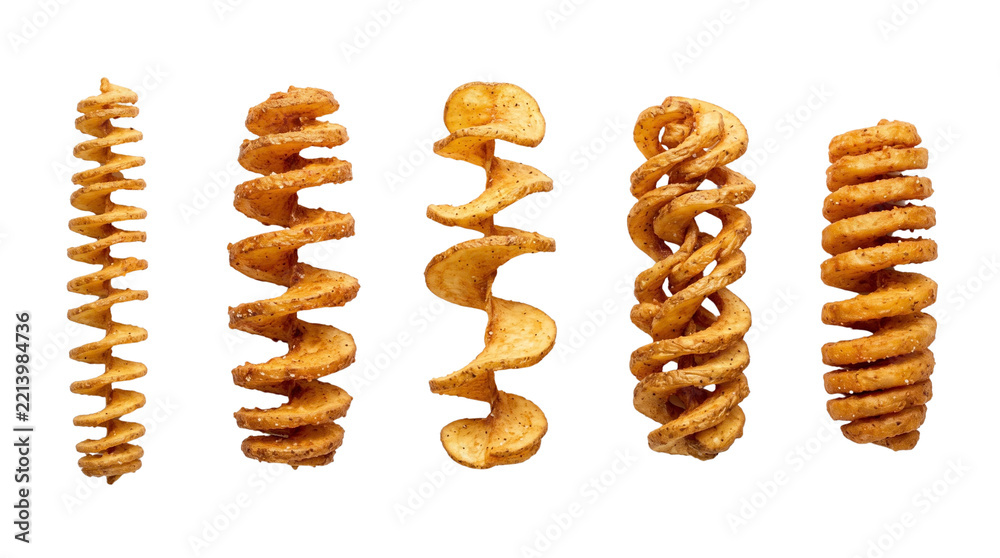© inam - Crispy curly fries row on white background, golden fried spiral potato chips set, seasoned fast food snack studio shot © inam - Crispy curly fries row on white background, golden fried spiral potato chips set, seasoned fast food snack studio shot