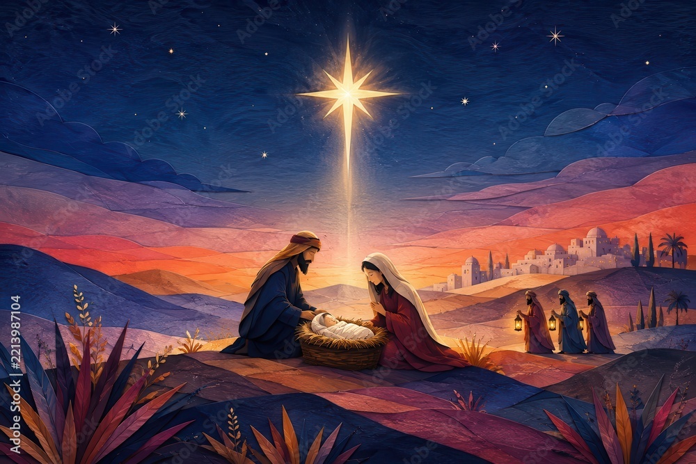 Fototapeta premium Nativity scene beneath brilliant Bethlehem star