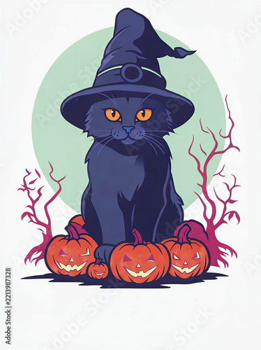 Black cat wearing a witch hat with pumpkins on a spooky background