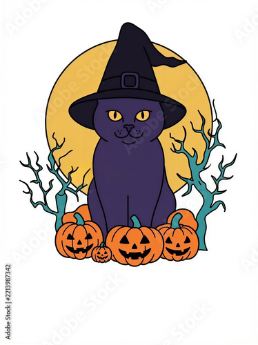 Black cat in a witch hat with pumpkins and spooky trees on a full moon background