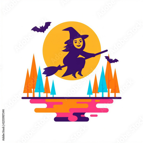 Halloween witch flying over colorful forest and lake at night