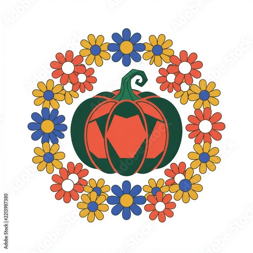 Colorful pumpkin illustration with flowers in a decorative circle