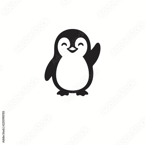 Cute baby penguin waving hand black and white cartoon animal icon isolated on white background