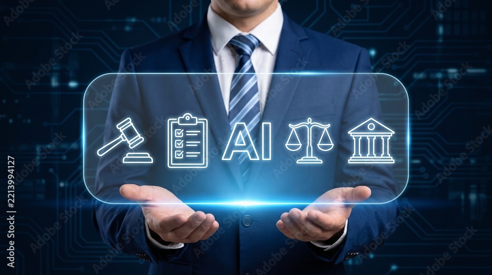 Obraz premium Corporate lawyer holding glowing digital interface with artificial intelligence symbols
