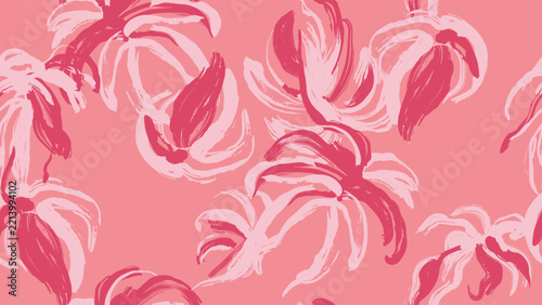 Tropical seamless pattern features soft pastel pink and magenta monstera leav...