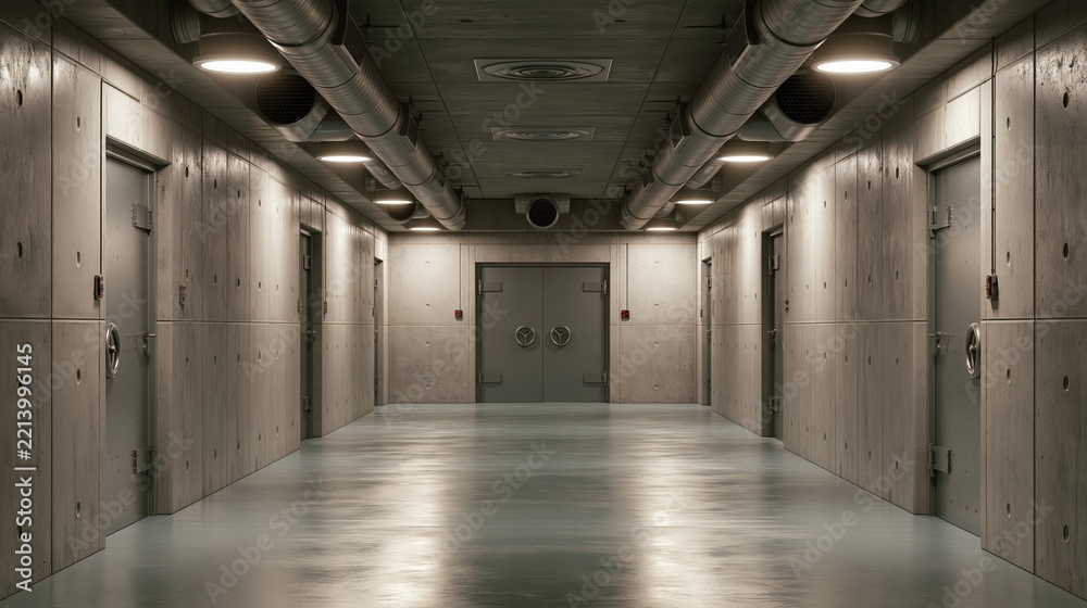 Fototapeta premium Minimal bunker corridor with reinforced concrete, bright lights, vents, and secure doors provides a clean modern look Generative AI