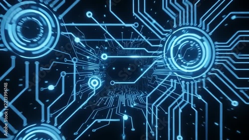Abstract Blue Circuit Board Tunnel Animation with Glowing Data Lines