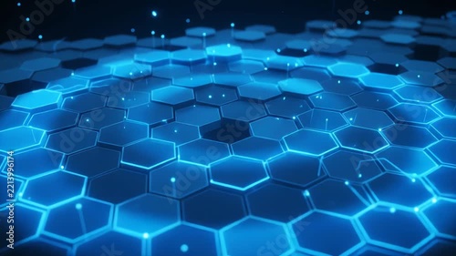 Abstract Blue Hexagon Digital Grid Animation with Glowing Data Lines and Light Particles