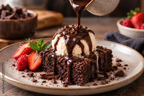 chocolate cake with strawberries and cream