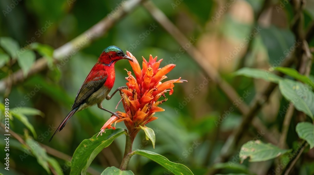 Fototapeta premium Colorful sunbird perched on bright orange tropical flower.