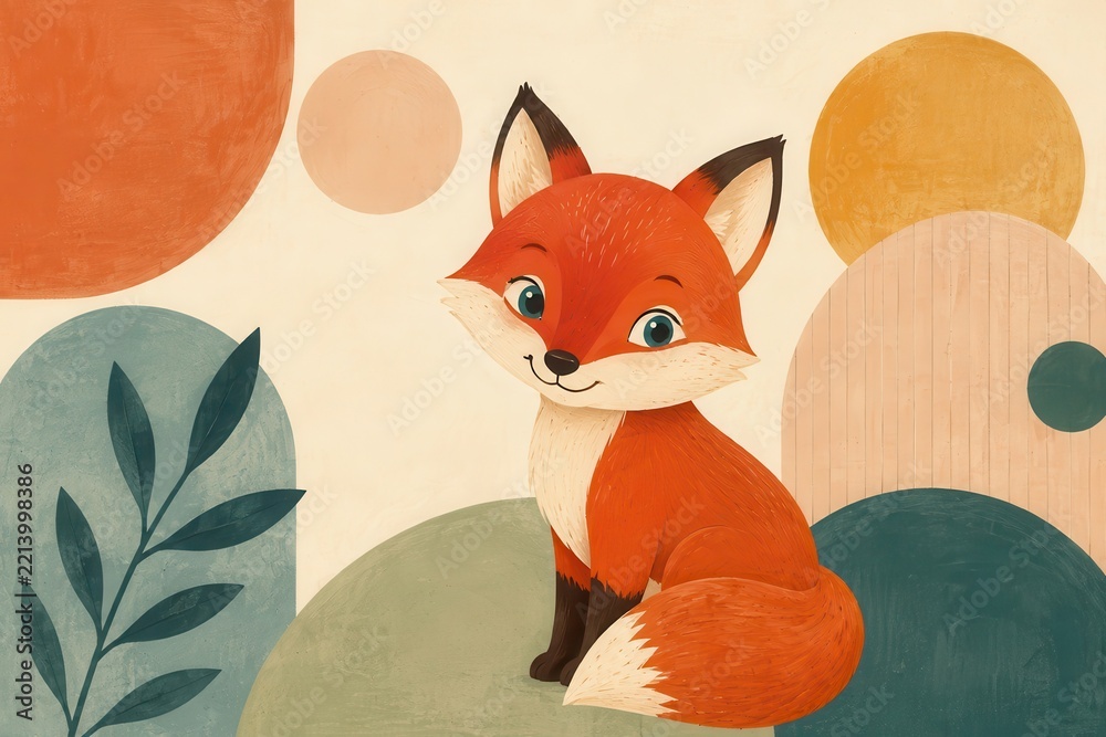 Fototapeta premium Cute orange fox illustration with abstract woodland shapes