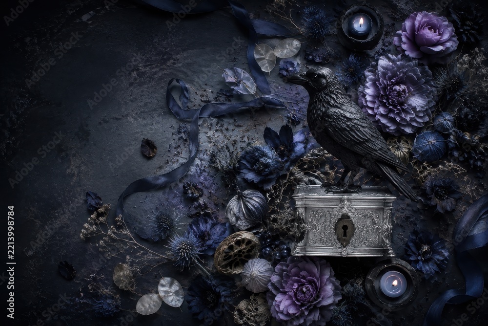 Fototapeta premium Gothic raven, purple flowers, antique chest, dark fantasy art