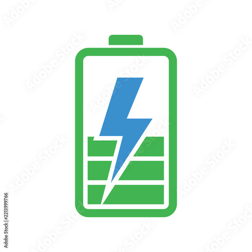 Battery icon with a blue lightning bolt on a white background