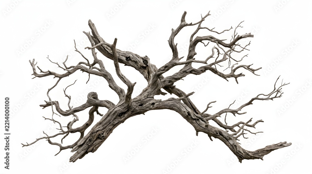 Fototapeta premium Gnarled tree branch lies isolated on a plain white background.