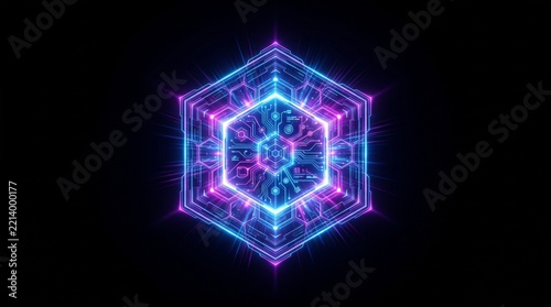 Top-down glowing holographic cybernetic shield with negative spac