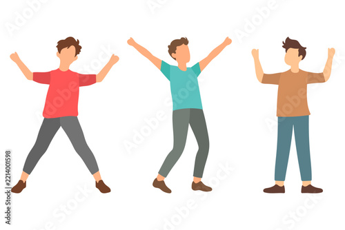 Three Happy Young Men Celebrating with Their Arms Raised Illustration