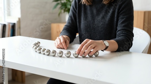Woman arranging shiny metal balls on white office desk for focus and stress relief
