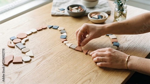 Person Arranging Minimalist Geometric Wooden Shapes on a Warm Oak Table for a Creative Mindfulness Practice or Educational Activity