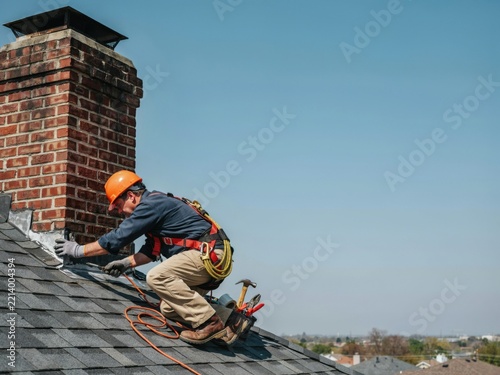 Roofer in safety gear working on chimney repair on a grey shingle roof under clear blue sky for waterproofing.