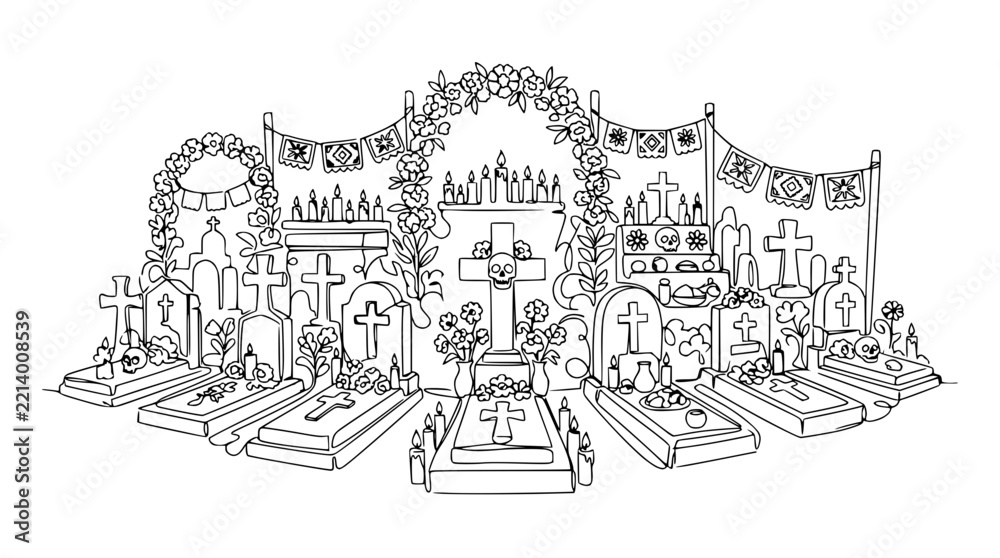 Obraz premium Day of the Dead Altar, Cemetery Scene, Traditional Dia De Muertos Celebration