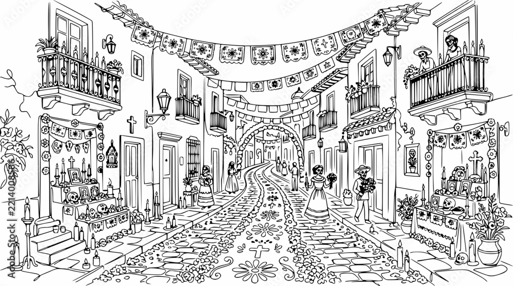 Obraz premium Day of the Dead Street Scene with Ofrendas and Decorations