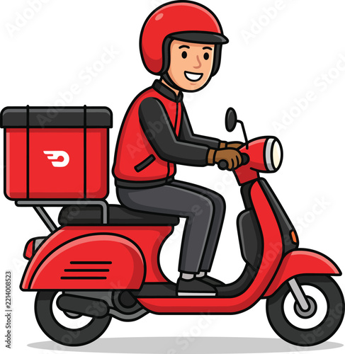 Delivery man riding a red scooter with a storage box