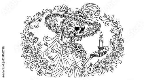Dia de los Muertos Skeleton Woman with Candle and Roses Outline
