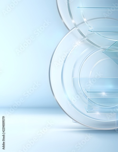 Abstract background with glass circles and shelves in light blue tones