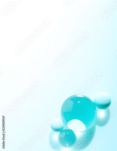 Abstract blue spheres background with light gradient and transparent bubbles