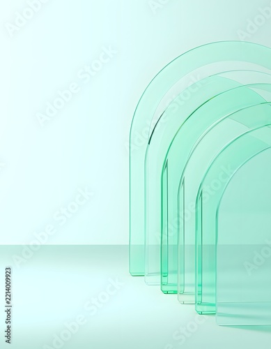 Abstract green glass arches background with minimal geometric shapes and modern architectural design