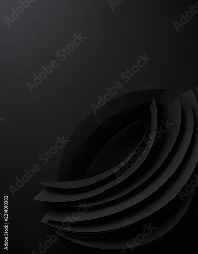 Abstract black paper background with layered curves and minimalist design