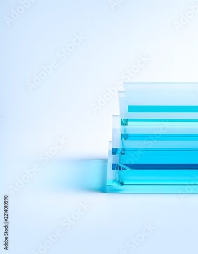 Abstract glass podium background with transparent layers and blue lighting for product presentation