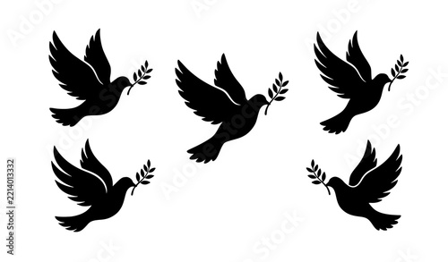 Dove Silhouette Set with Olive Branches – Peace Symbol Vector