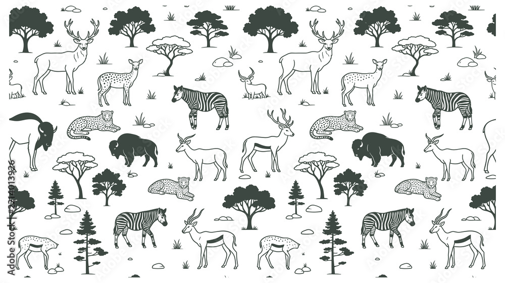 Obraz premium Wildlife animal outline seamless pattern with savannah landscape.