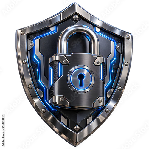 Cybersecurity Shield with Padlock Isolated on Transparent Background.