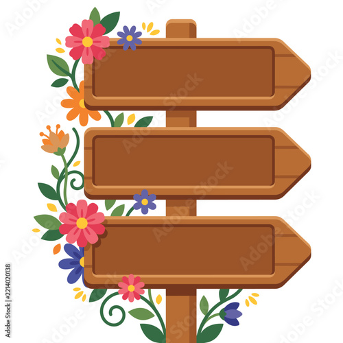 Rustic wooden signpost with colorful flowers and green leaves on decorative vine borders.