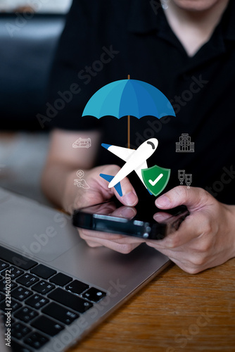 Person using smartphone online technology searching for travel insurance emergency health accident protection expense life coverage