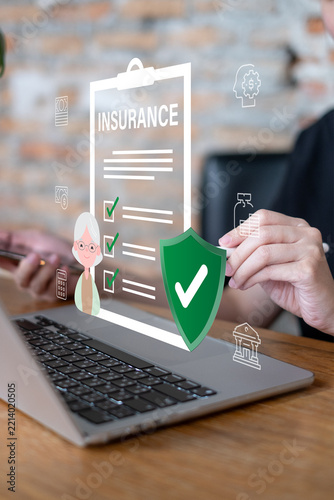 Person using laptop for financial retirement insurance saving money investment concept
