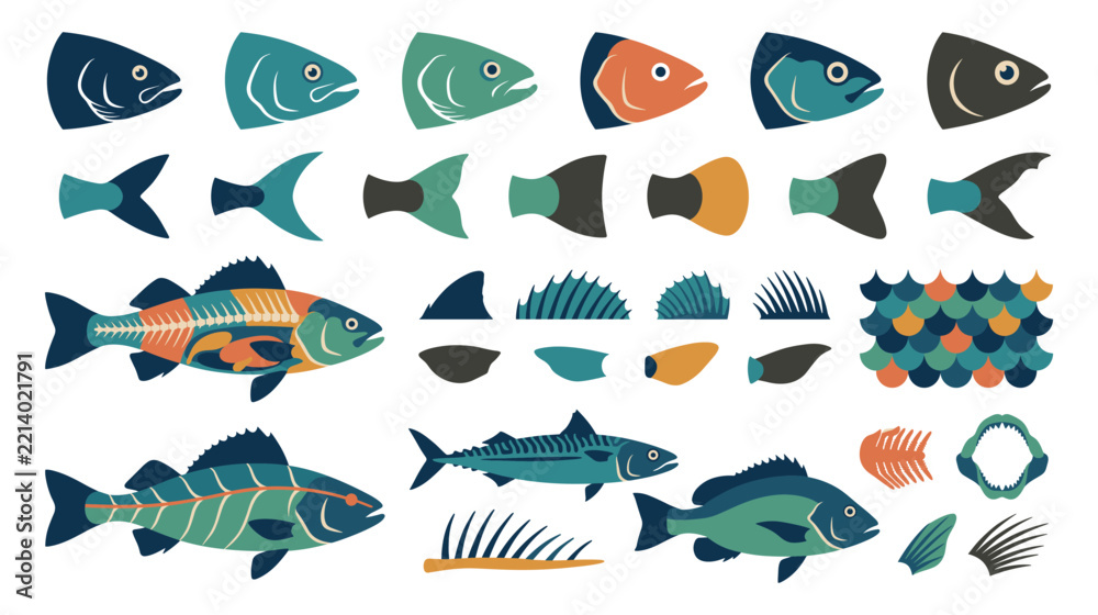 Fototapeta premium Fish anatomy and marine biology infographic elements collection.