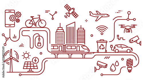 Smart city thin line icons showing green energy transport and technology infrastructure.