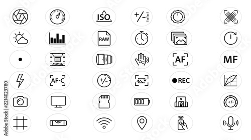 Photography Camera Setting Icon Set Arranged on White Background with Minimal Line Design
