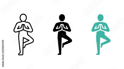 Tree pose yoga icon set vectors with meditation human figures and wellness symbols